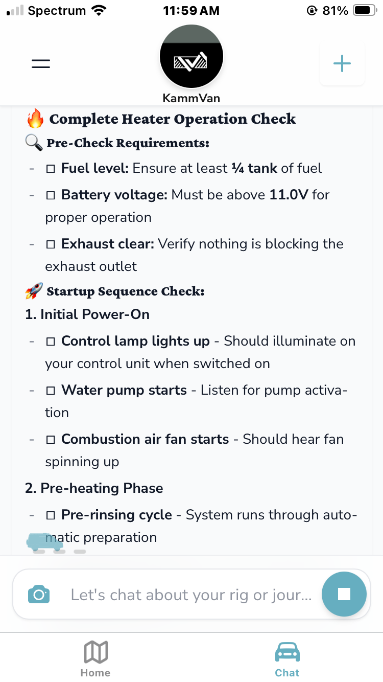 Grover app showing complete heater operation check with pre-check requirements and startup sequence